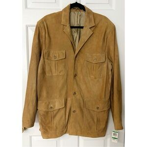 Mens Tasso Elba 100% Suede Leather Blazer Sport Coat Jacket, Color-Cognac, Sz L